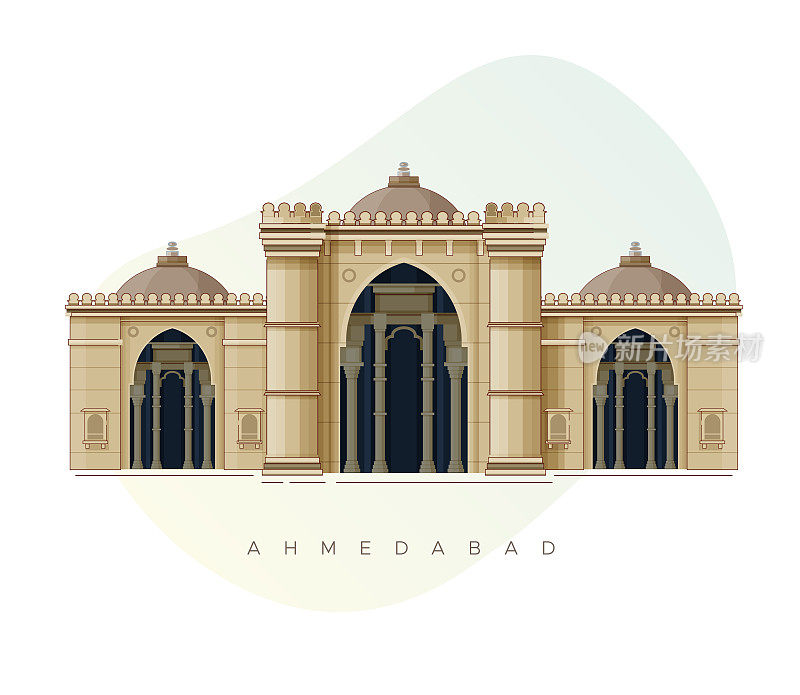 艾哈迈达巴德市- Jama Masjid，清真寺-图标插图